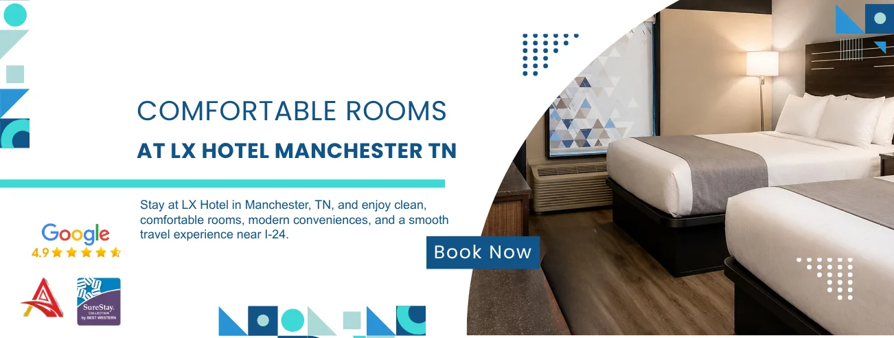 Comfortable guest room at LX Hotel Manchester TN with modern travel convenience